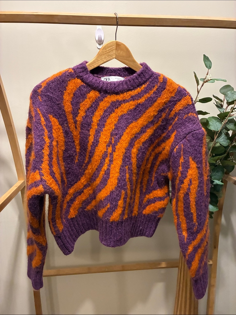 Zara Purple and Orange Fuzzy Zebra-Stripe Crop Crewneck Sweater